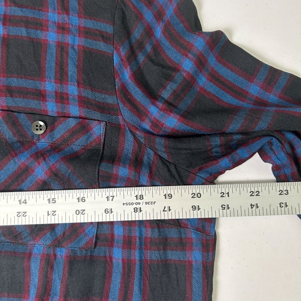 Cabi 3431 Button Up Peplum Top Womens Size L Blue Black Moody Plaid Long Sleeve - Picture 10 of 13